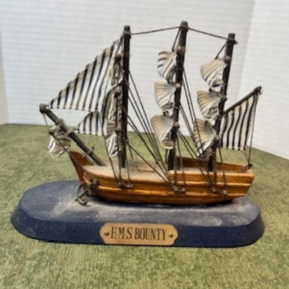 Vintage HMS Bounty Wooden Model Ship Nautical Decor Striped Sails Display